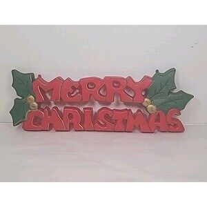 Merry Christmas Wall Hanging VTG Sign Molded Plastic 15" Red w/ Holly Leaves